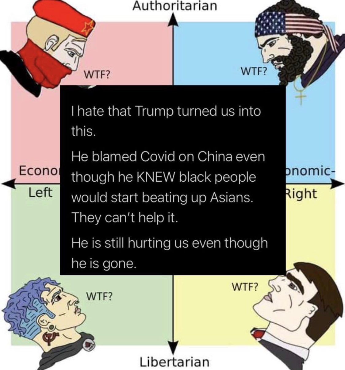 People from all parts of the 4 quadrant political spectrum at a tweet saying essentially "Trump made black people beat up asians, the monster", all of them going WTF?