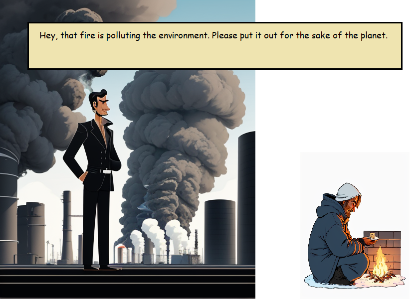 A rich man surrounded by his smoke stacks telling a poor man huddled around a fire to put the fire out because it's polluting. A rich man surrounded by his smoke stacks telling a poor man huddled around a fire to put the fire out because it's polluting.