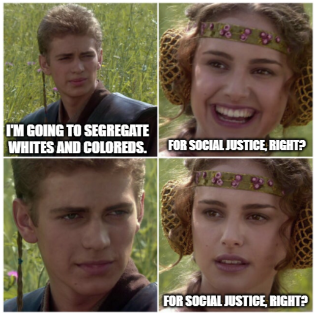 The "for the better, right?" Meme with the text "I'm going to segregate whites and coloreds" / "For social justice, right?" / "..." / "for social justice, right?"