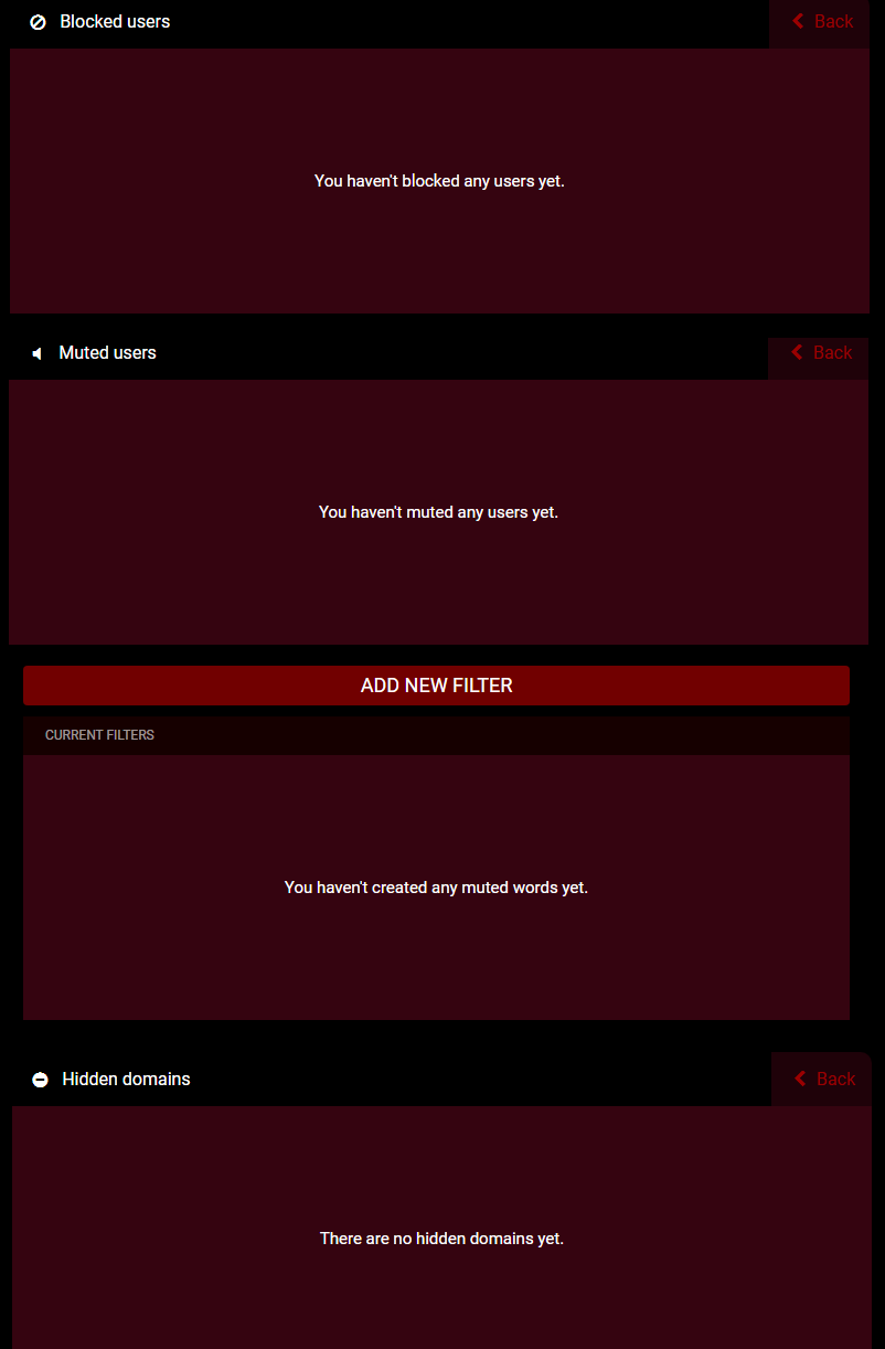 no blocked users, no muted users, no filtered words, no blocked domains. As all things should be.