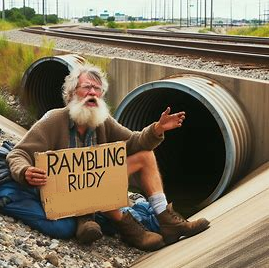 AI Generated hobo named "Rambling Rudy" carrying a sign at his home near a culvert by the railroad tracks