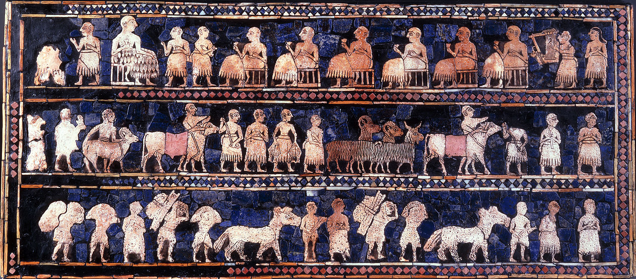 A tapestry found in the city of Ur, one of the first known city-states.