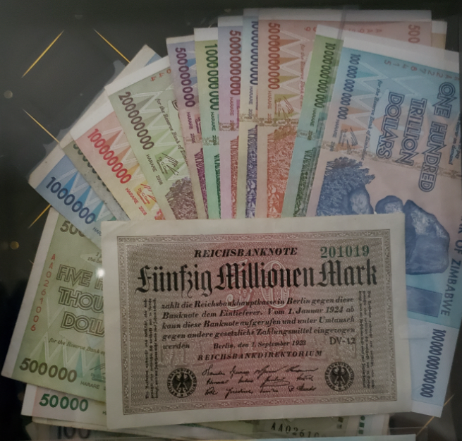 over 150 trillion zimbabwe dollars and 100 milion marks from the weimar republic