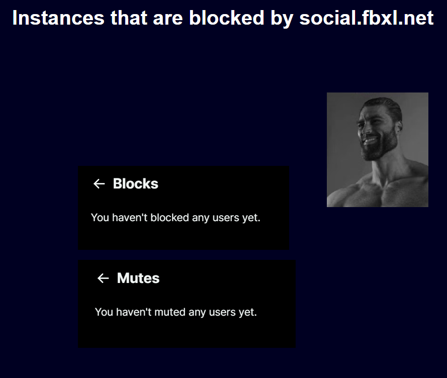 Instances that are blocked: None. Blocks: None. Mutes: None. Gigachad smiles.