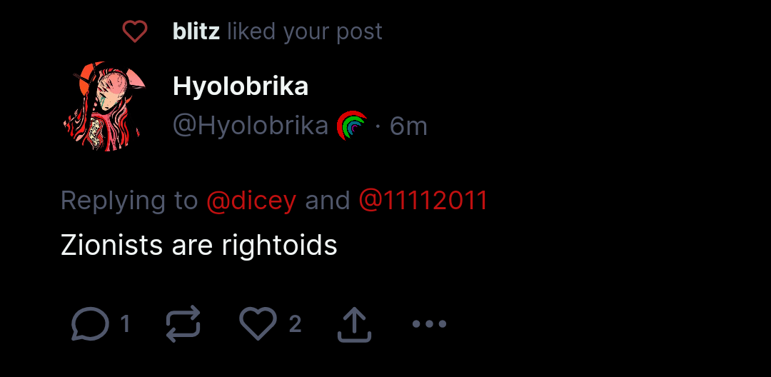 Screenshot of blitz liking the "Zionists are rightoids" post