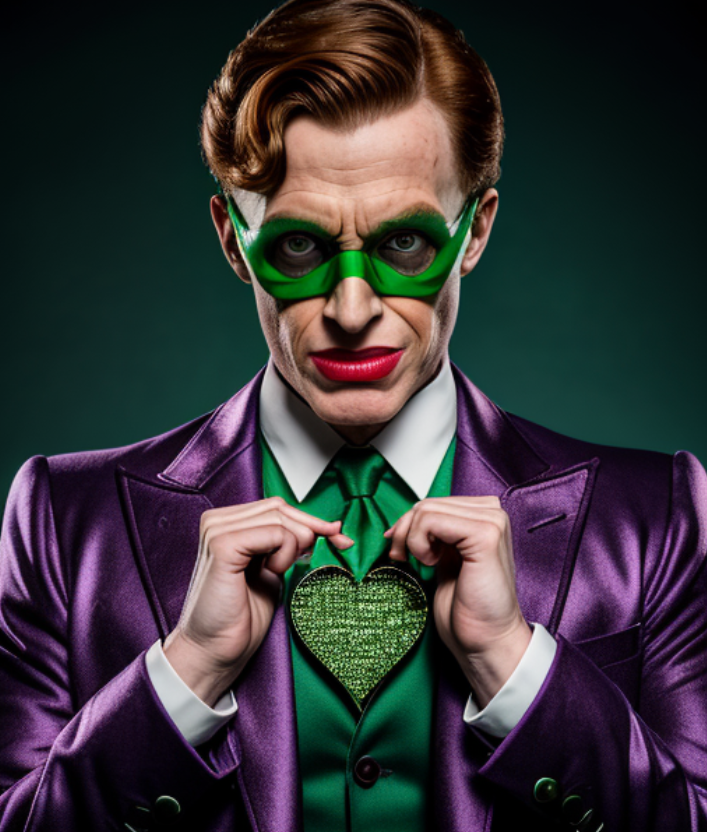 The riddler, with hearts all over his costume The riddler, with hearts all over his costume