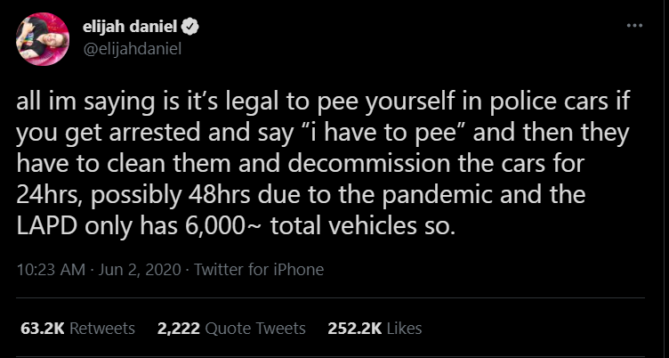 Tweet saying to piss in 6000 cop cars to stop the LAPD